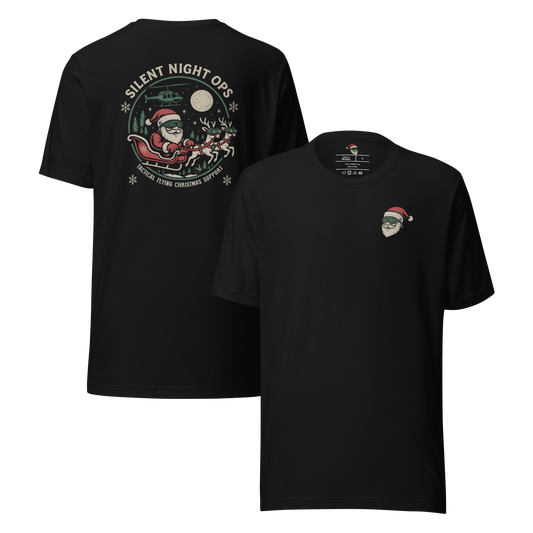Black t-shirt with Christmas-themed graphics on a white background