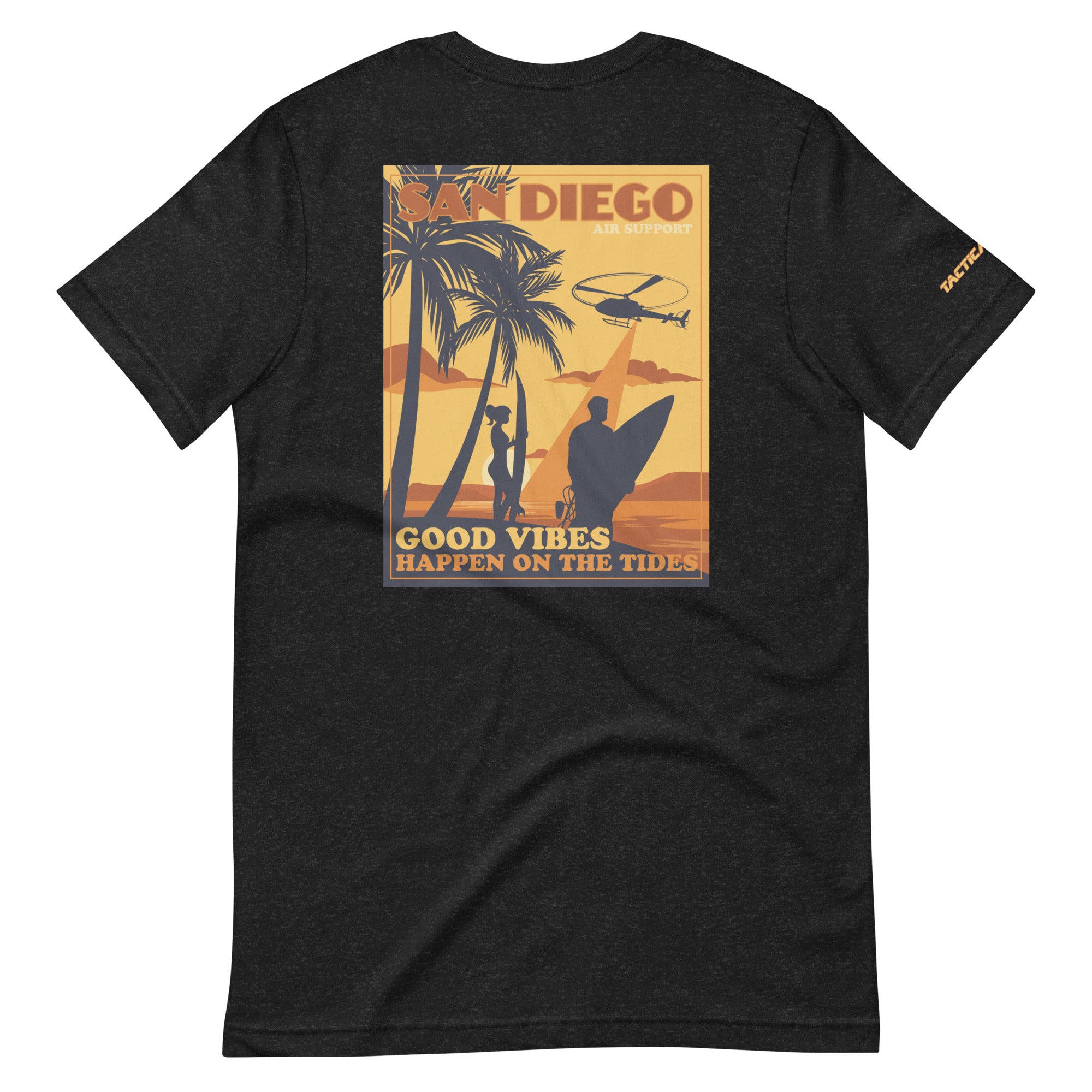 Heather gray t-shirt with a vintage San Diego Air Support design featuring silhouettes of palm trees, a helicopter, and a surfer against an orange sunset, with the text 'GOOD VIBES HAPPEN ON THE TIDES' for helicopter pilots.